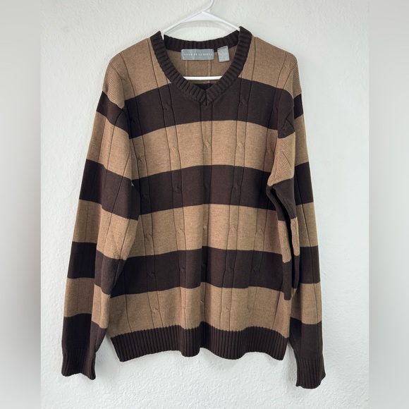 OSCAR DE LA RENTA Brown Stripe Knit Sweater L Men’s Classic Cable Pullover - Picture 3 of 9